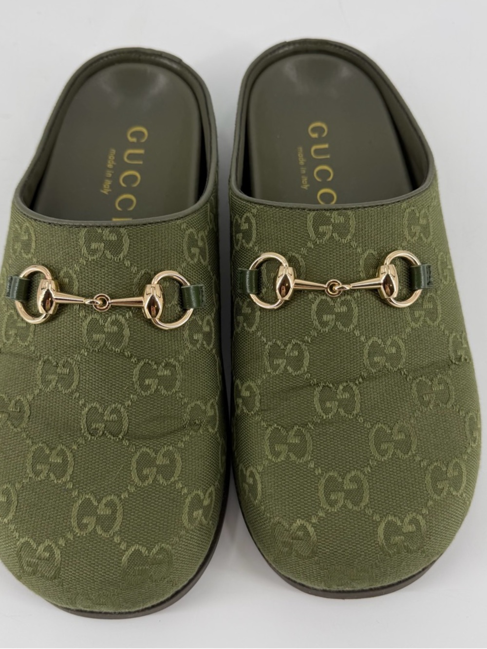 Olive Green Canvas Horsebit Slide Mules - Picture 2 of 8